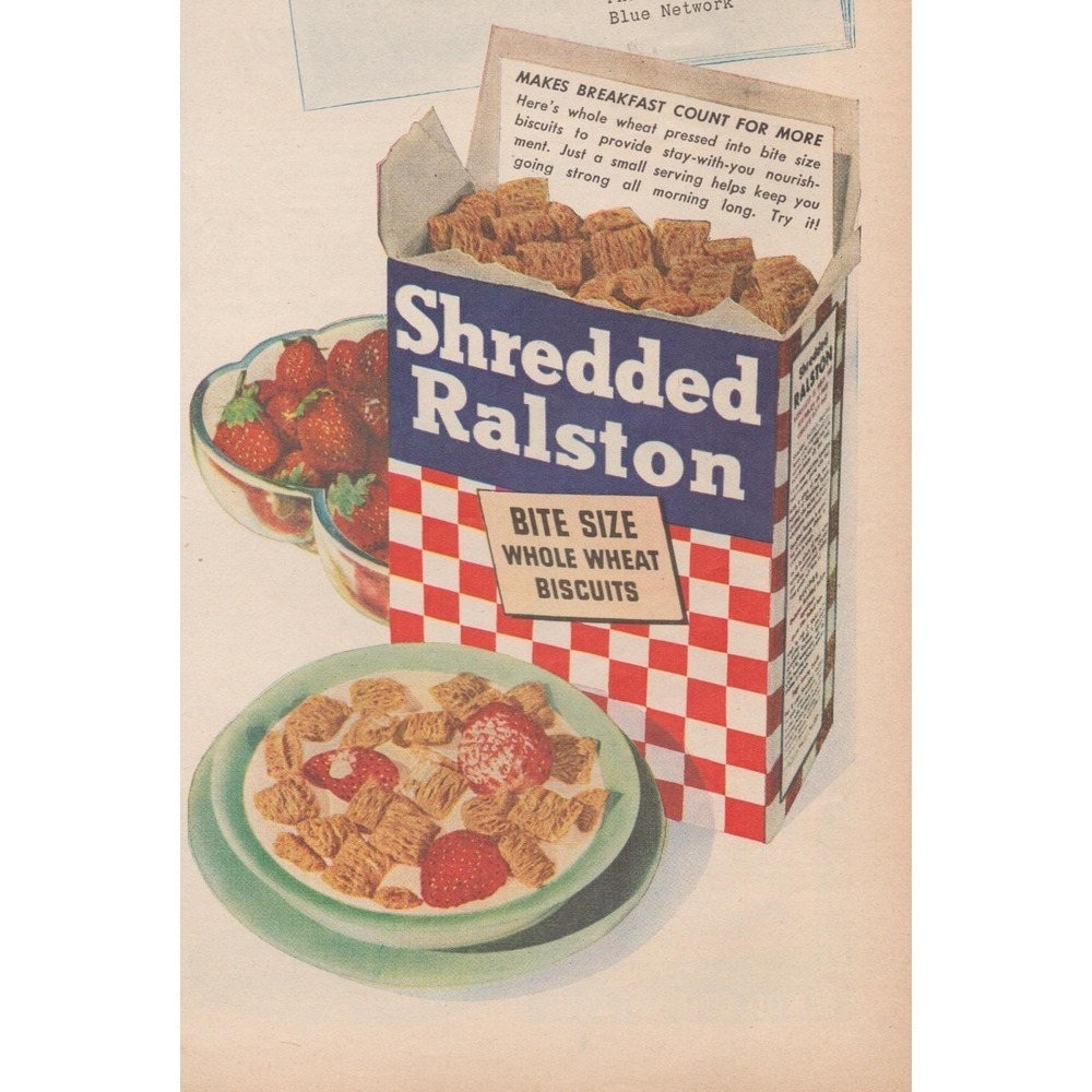 Vintage 1945 Shredded Ralston Print Ad World War 2 Era Kitchen Breakfast Decor